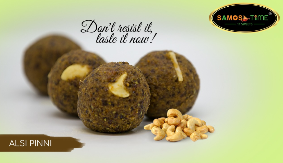 Alsi pinni with cashews and promotional text.
