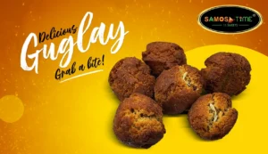 Fried snack balls on orange background.