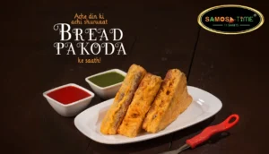 Bread pakoda with green and red chutneys.