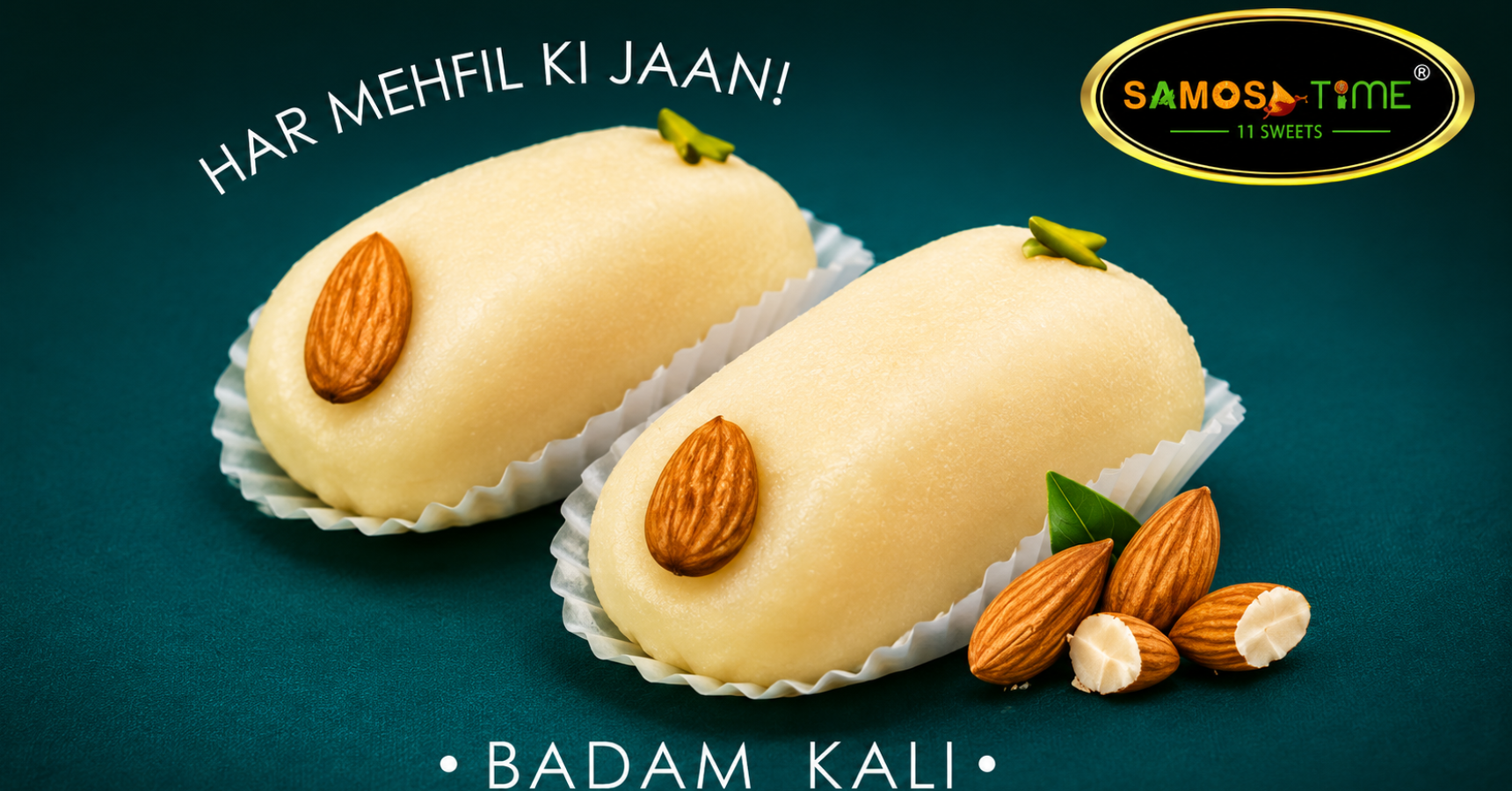 Two almond sweets on a green background.