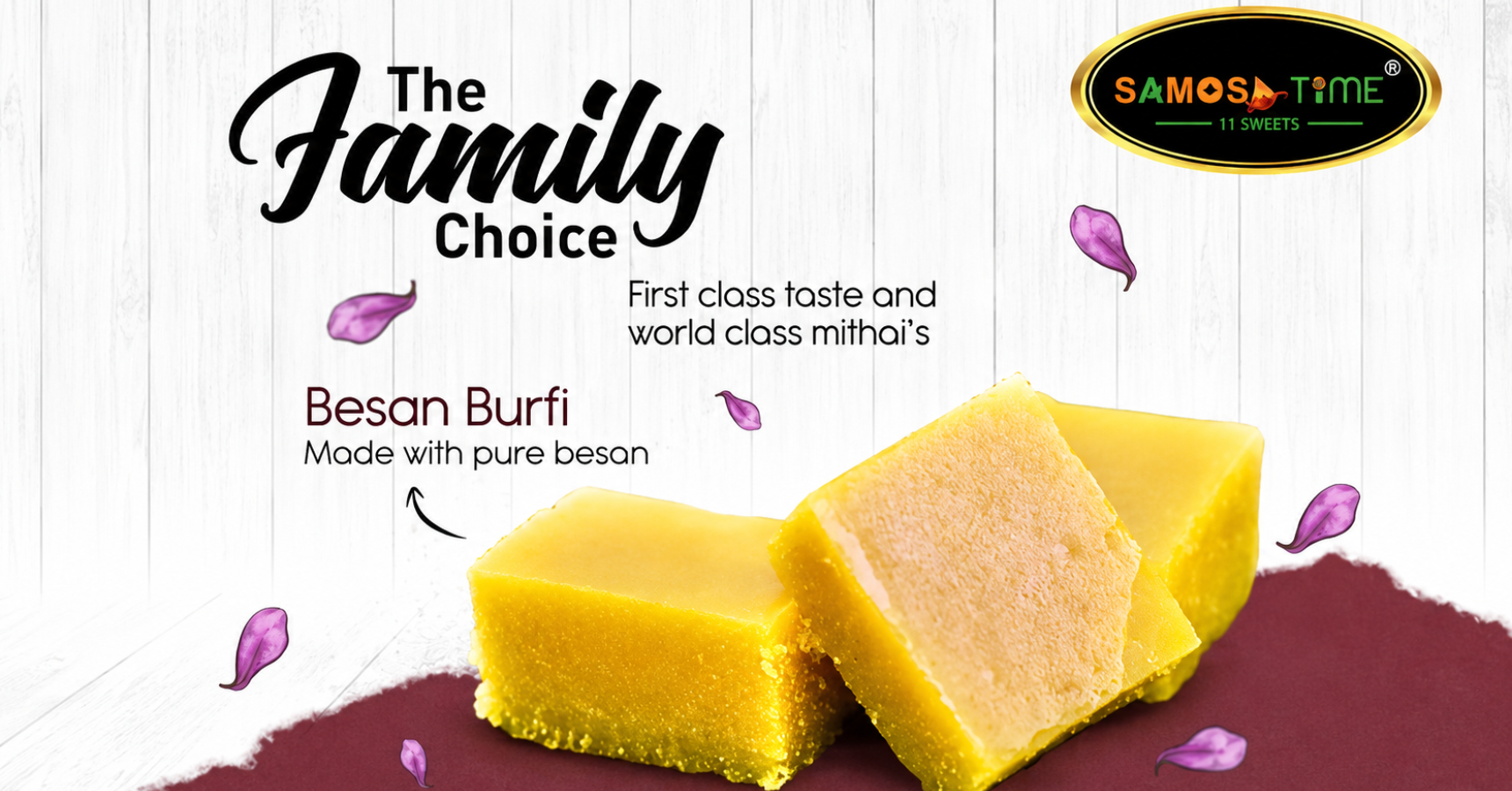 Besan Burfi advertisement with vibrant design.