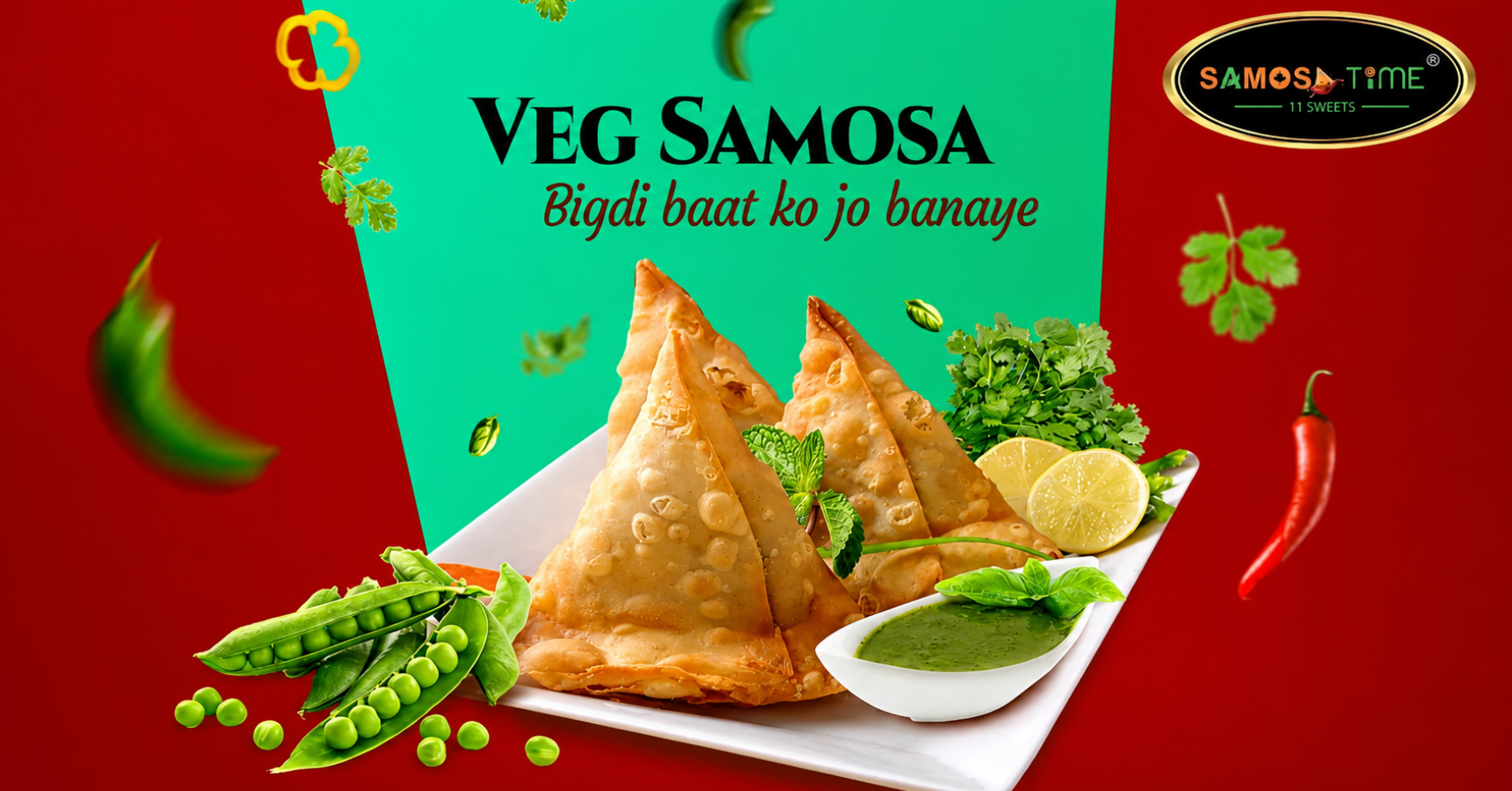 Veg samosas with chutney and garnishes.